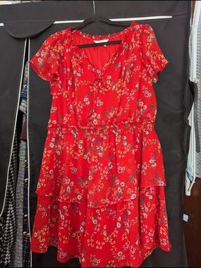 LC Lauren Conrad Red Floral Tiered Mini Dress